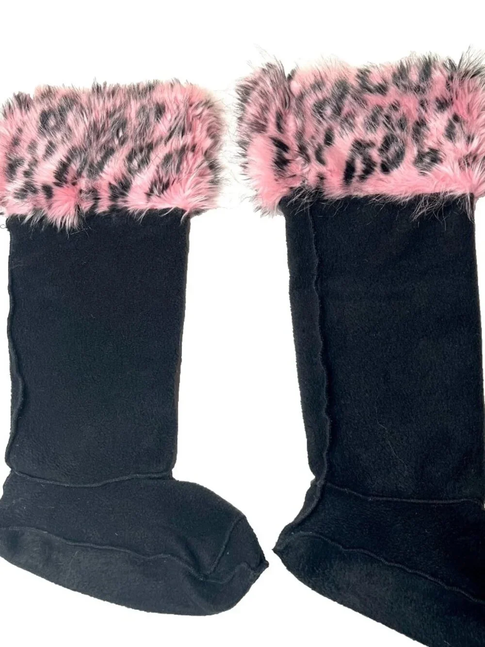Pink Faux Fur Boot Liners Fuzzy Leopard Print Cheetah Animal Knee Socks Fleece